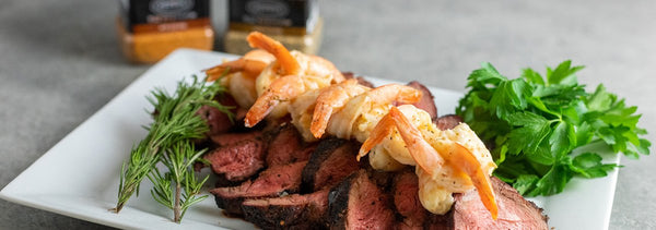 Reverse Seared Tenderloin with Butter Poached Prawns